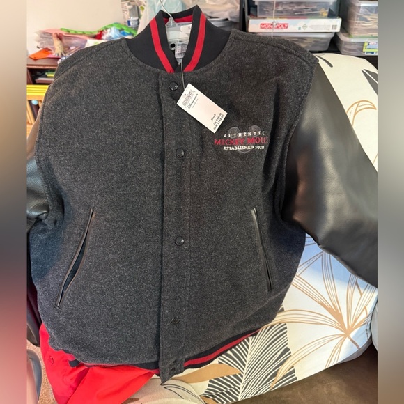 Vintage Men Disney  Mickey Mouse Embroidered Varsity Blk Wool Leather Jacket S - Picture 13 of 14